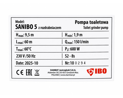 Технические характеристики канализационной установки IBO SANIBO 5